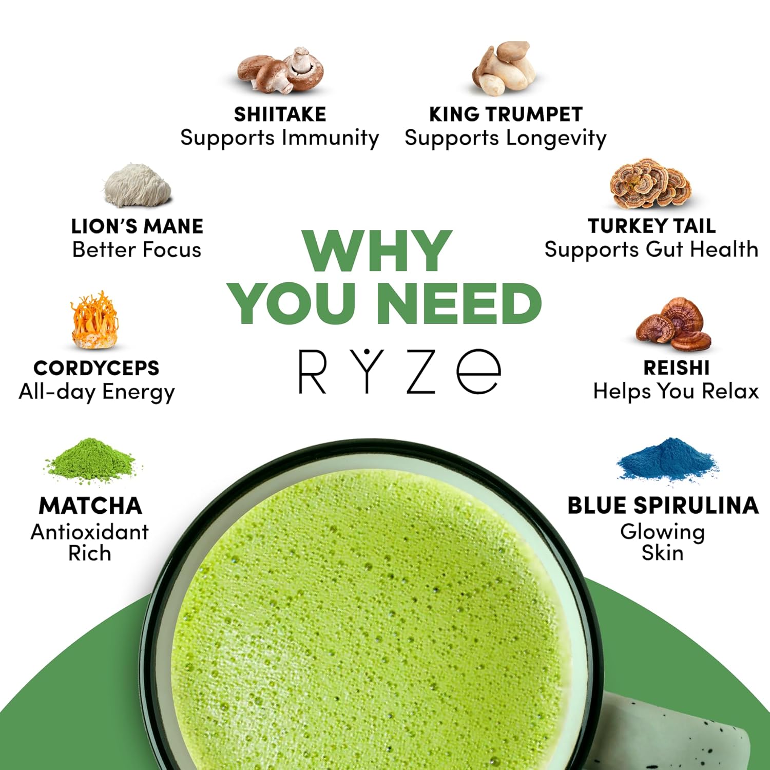 RYZE mushroom matcha jar packaging