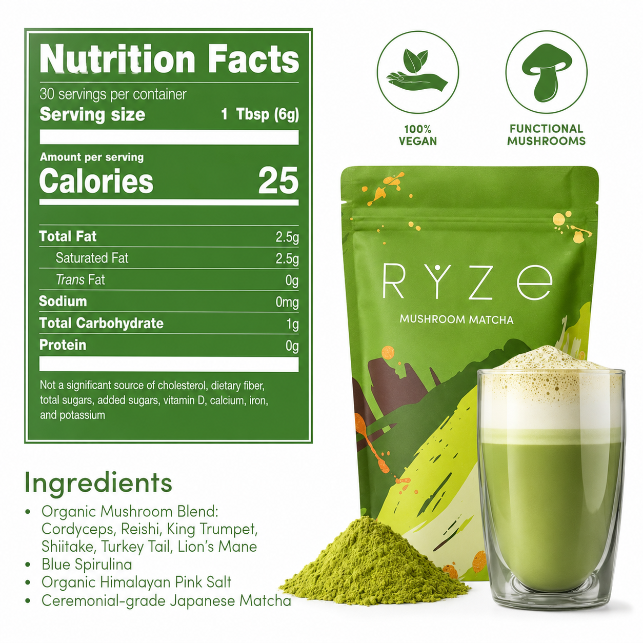 RYZE mushroom matcha powder scoop